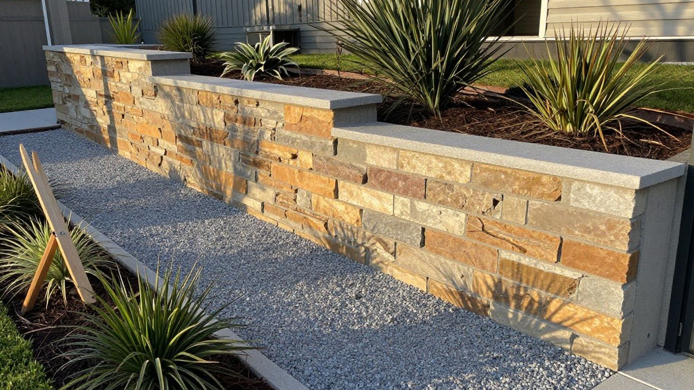 Layered retaining walls beside a sloping garden