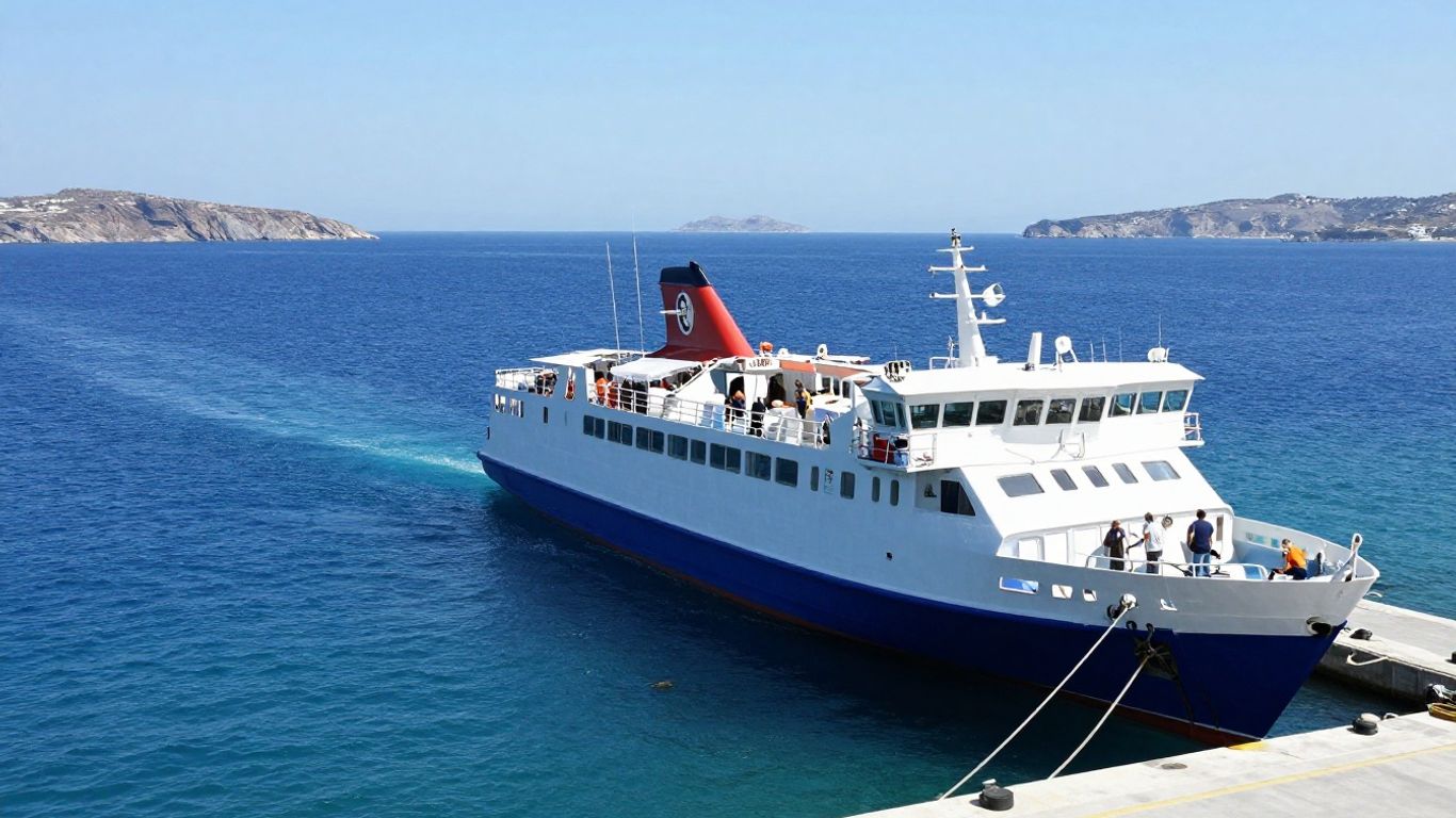 Ferry boat docked at a Greek island port.