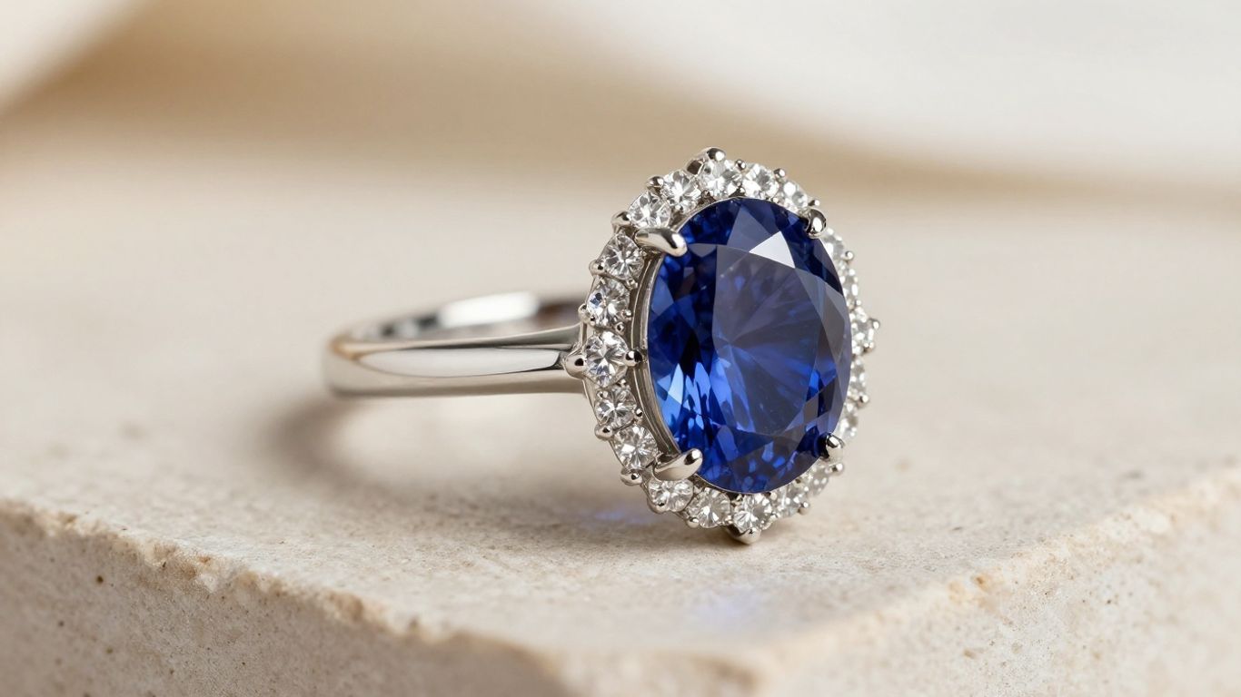 Elongated diamond ring beside colored gemstones