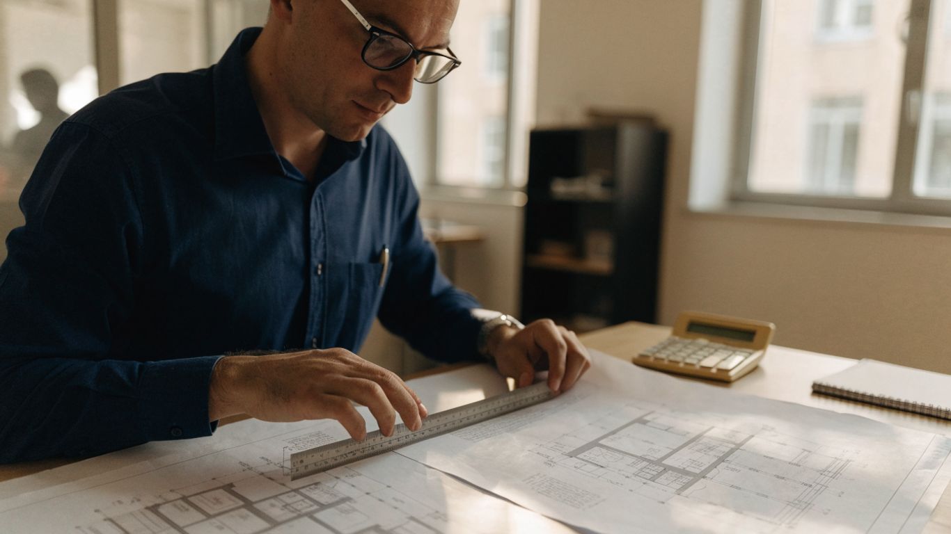 Engineer reviewing structural drawings at a desk