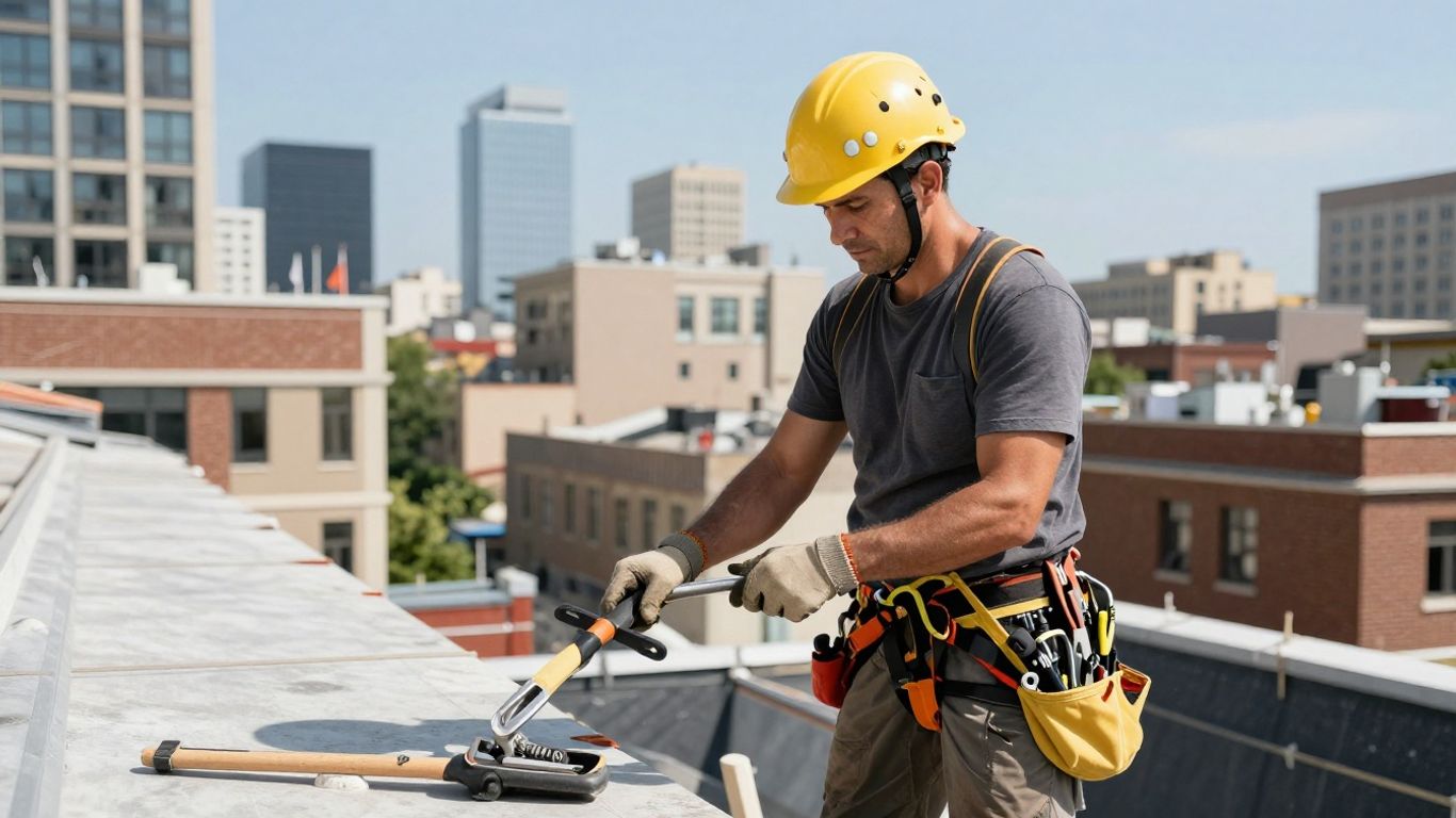 Roofer on a rooftop with cityscape background.