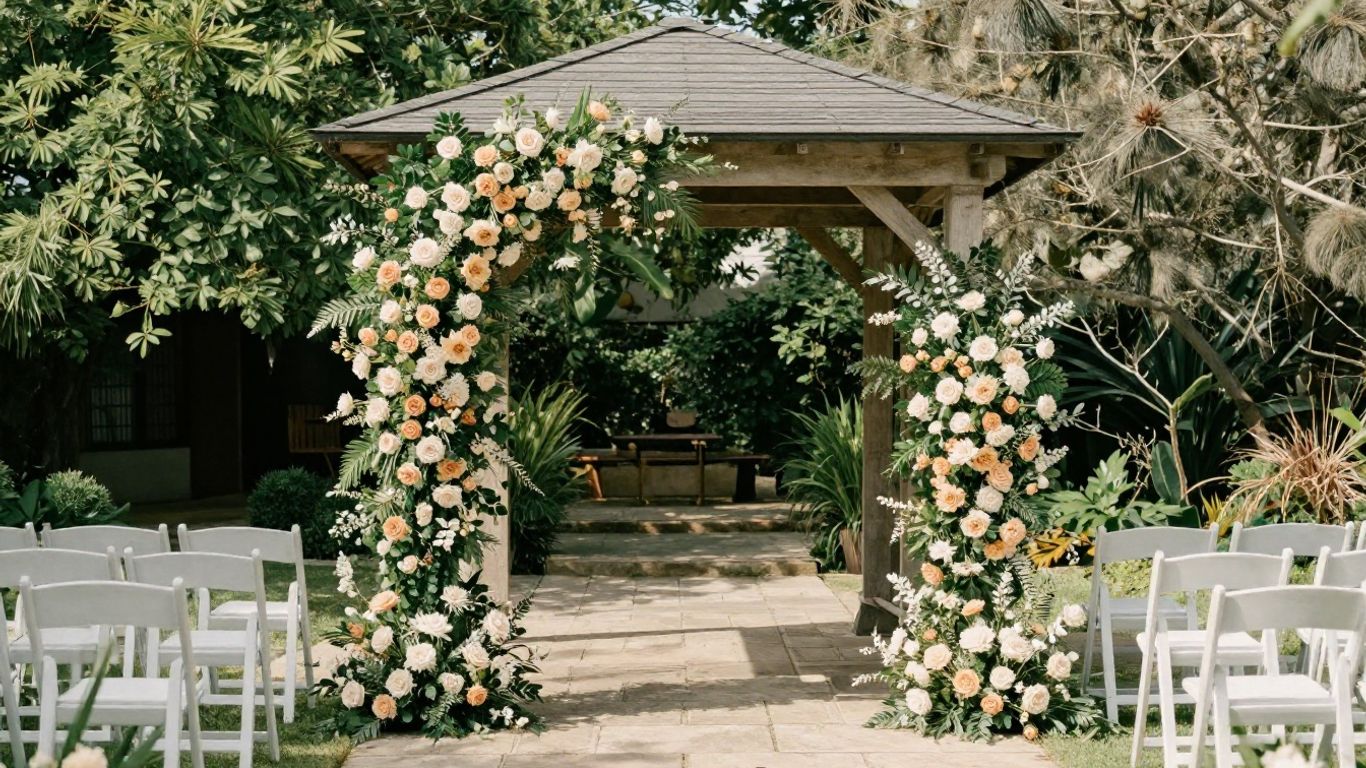 Wedding ceremony arch with economical floral styling