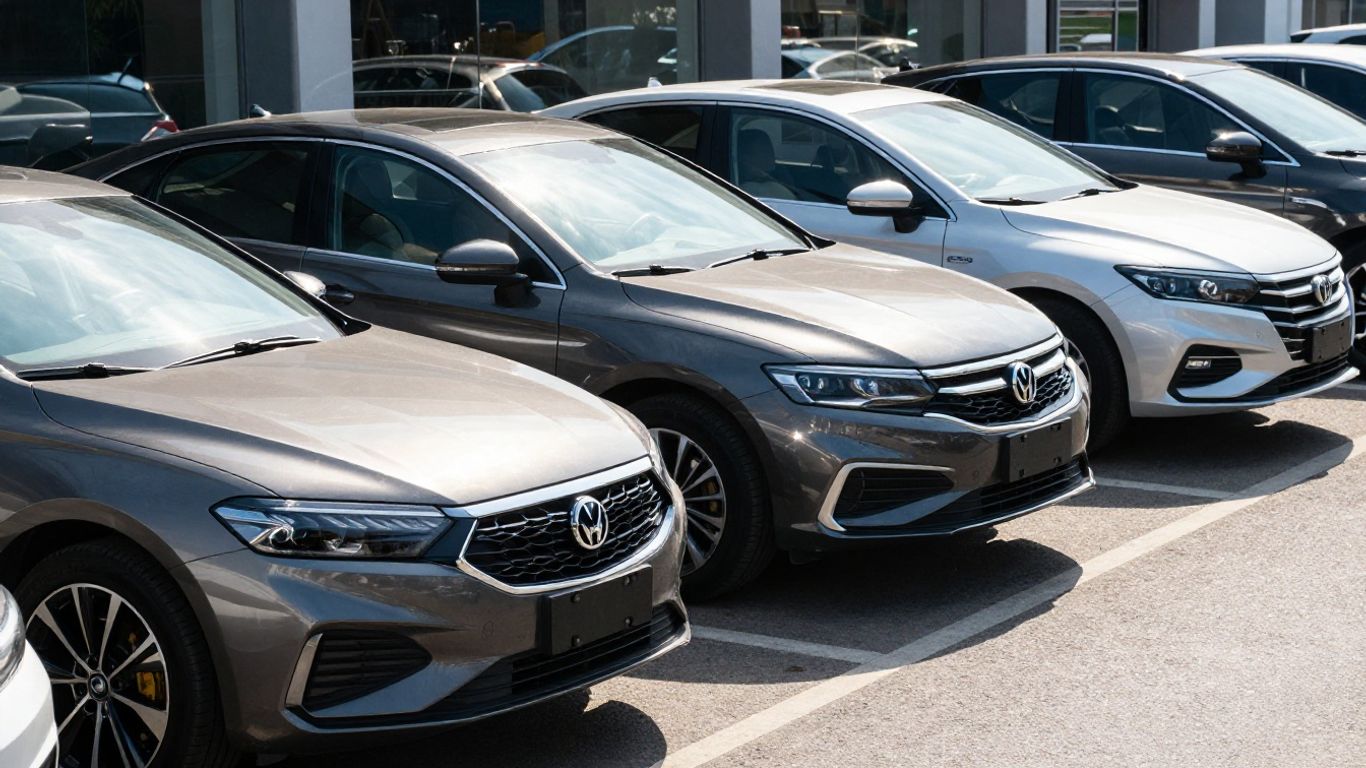 Gebrauchtwagen in verschiedenen Preisklassen auf einem Parkplatz.