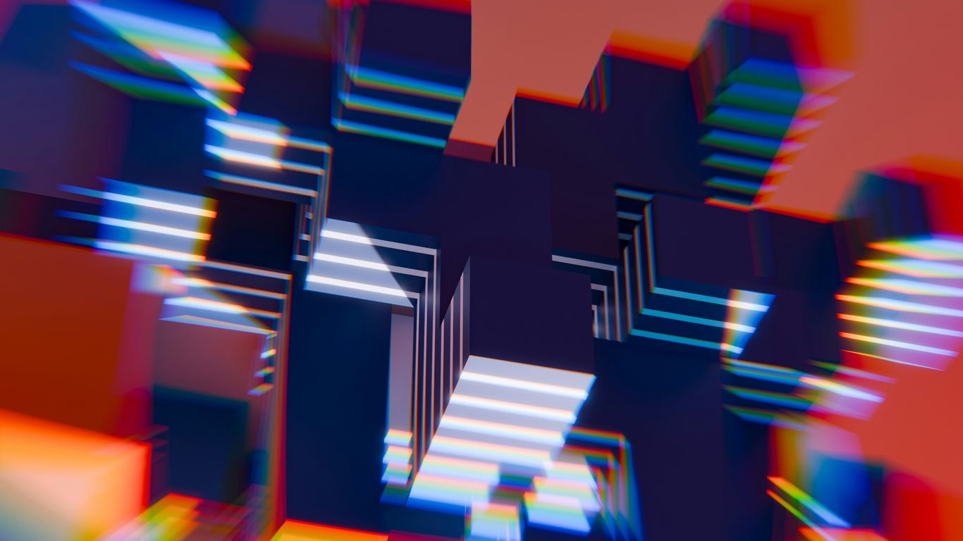 An abstract image of a multicolored building