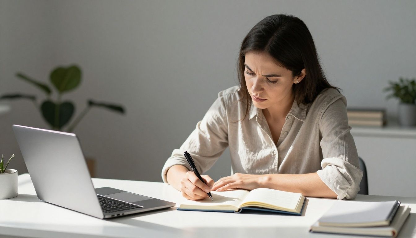 A focused woman with a determined expression sits at a clean, modern desk, writing in a planner. Sunlight streams in, highlighting her intentionality and clarity.