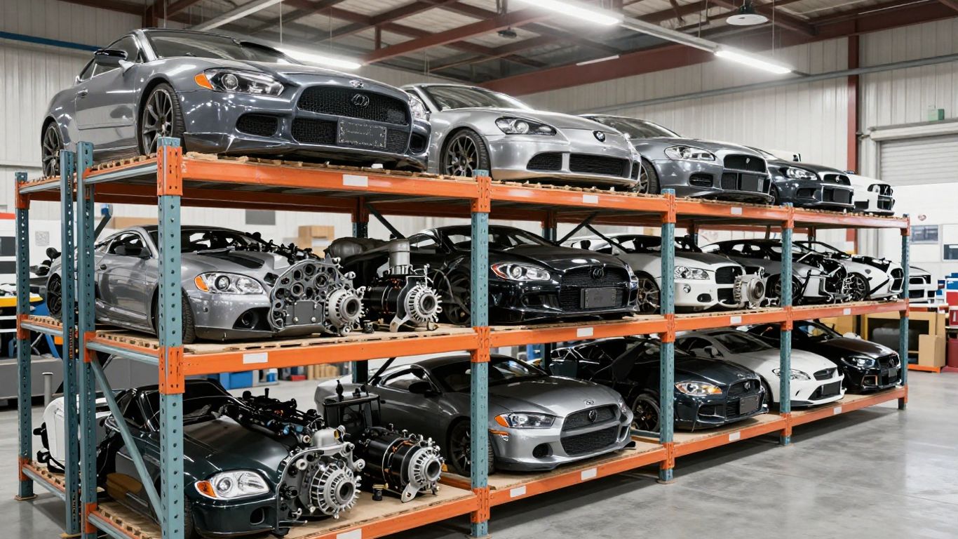 A collection of various car parts organized on shelves