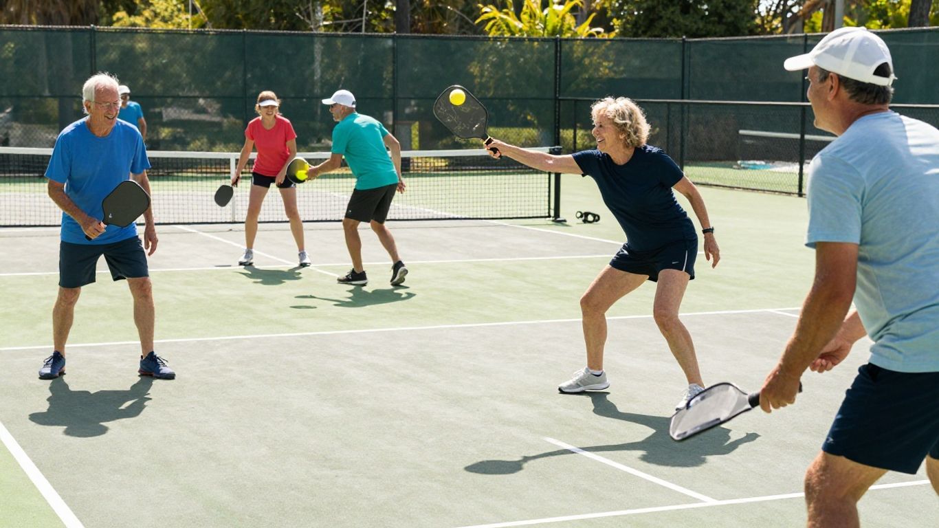 Seniors playing pickleball with smiles and energy.