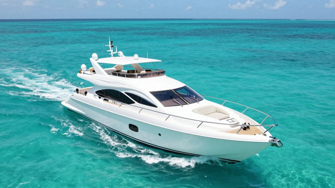 Luxury yacht sailing on clear blue ocean waters.