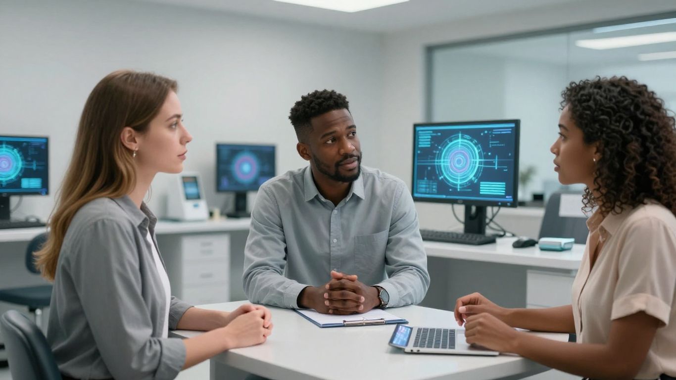 Diverse people interacting with AI interfaces in a clinic.