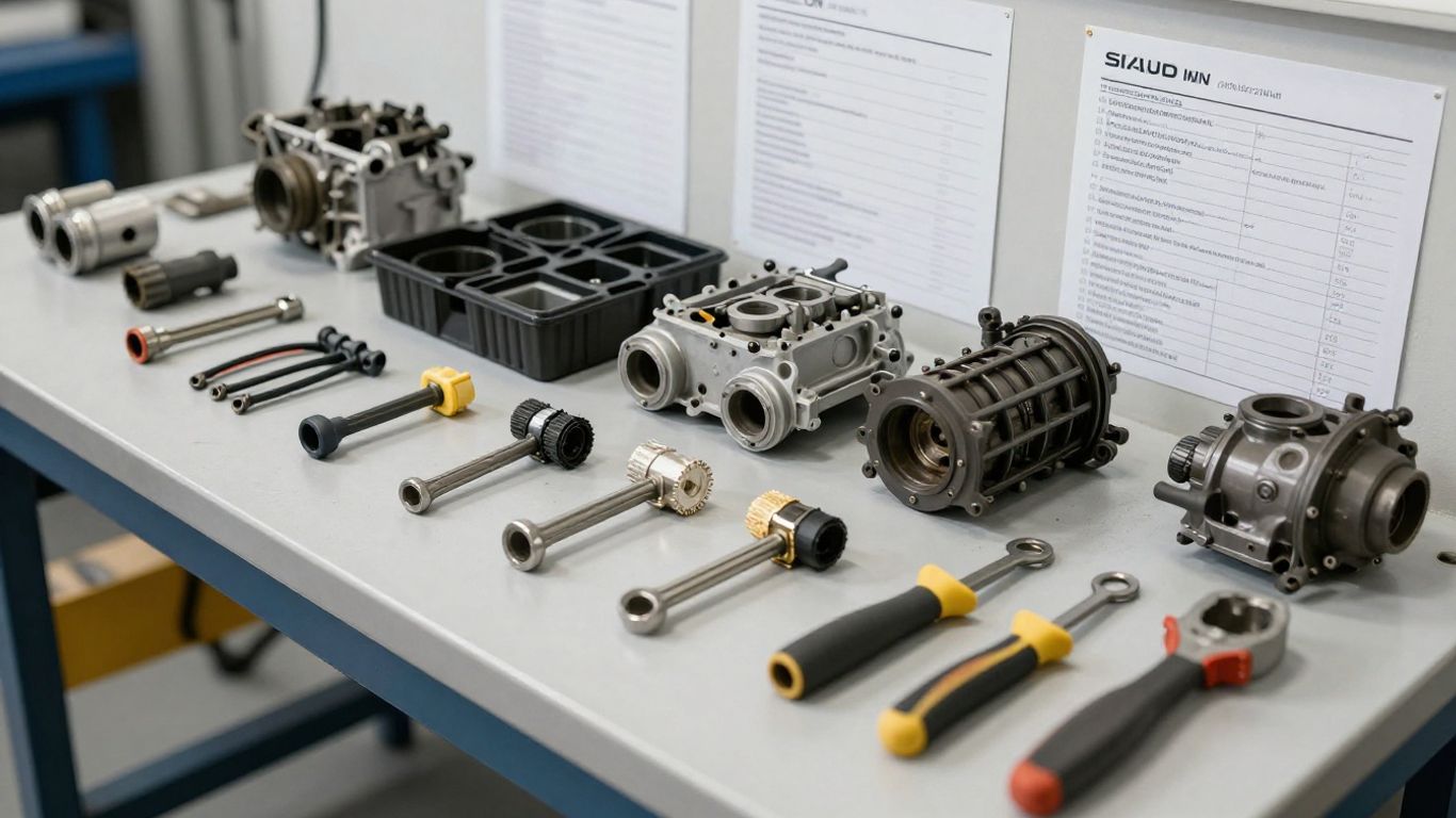 Skoda parts organised beside workshop tools