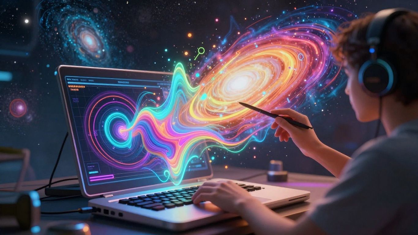 Person creating AI music video with sound waves.
