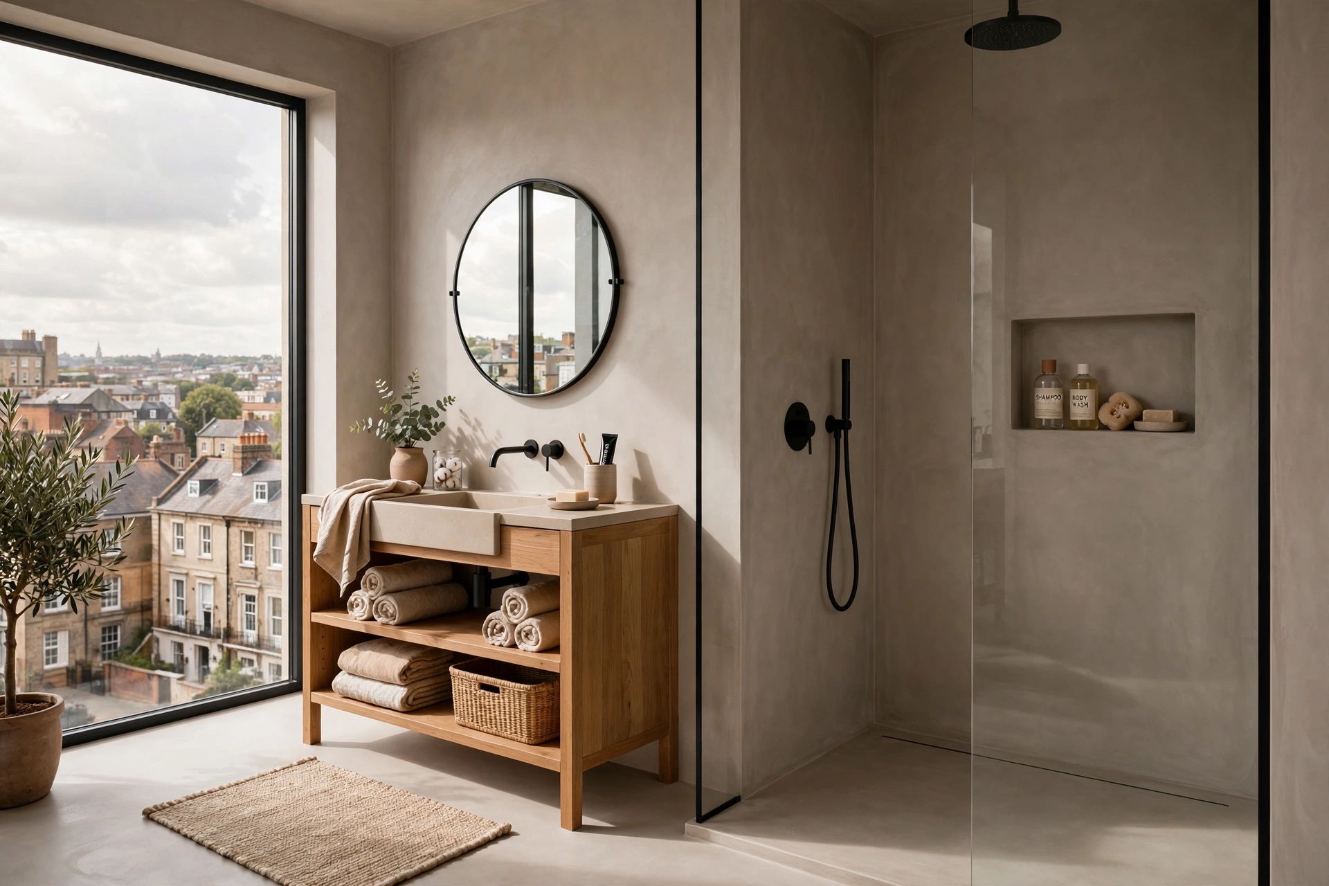 Contemporary Bristol bathroom with seamless microcement walls and floor, a walk-in shower, natural light and warm neutral finishes
