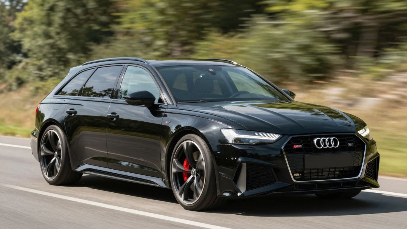 Audi RS6 Avant parked on a scenic road.