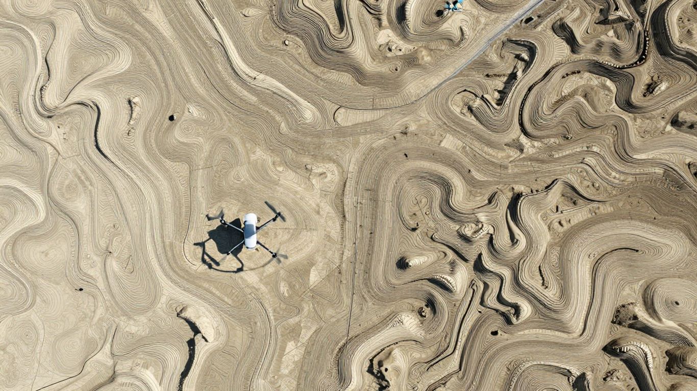 Drone surveying uneven land for grading.