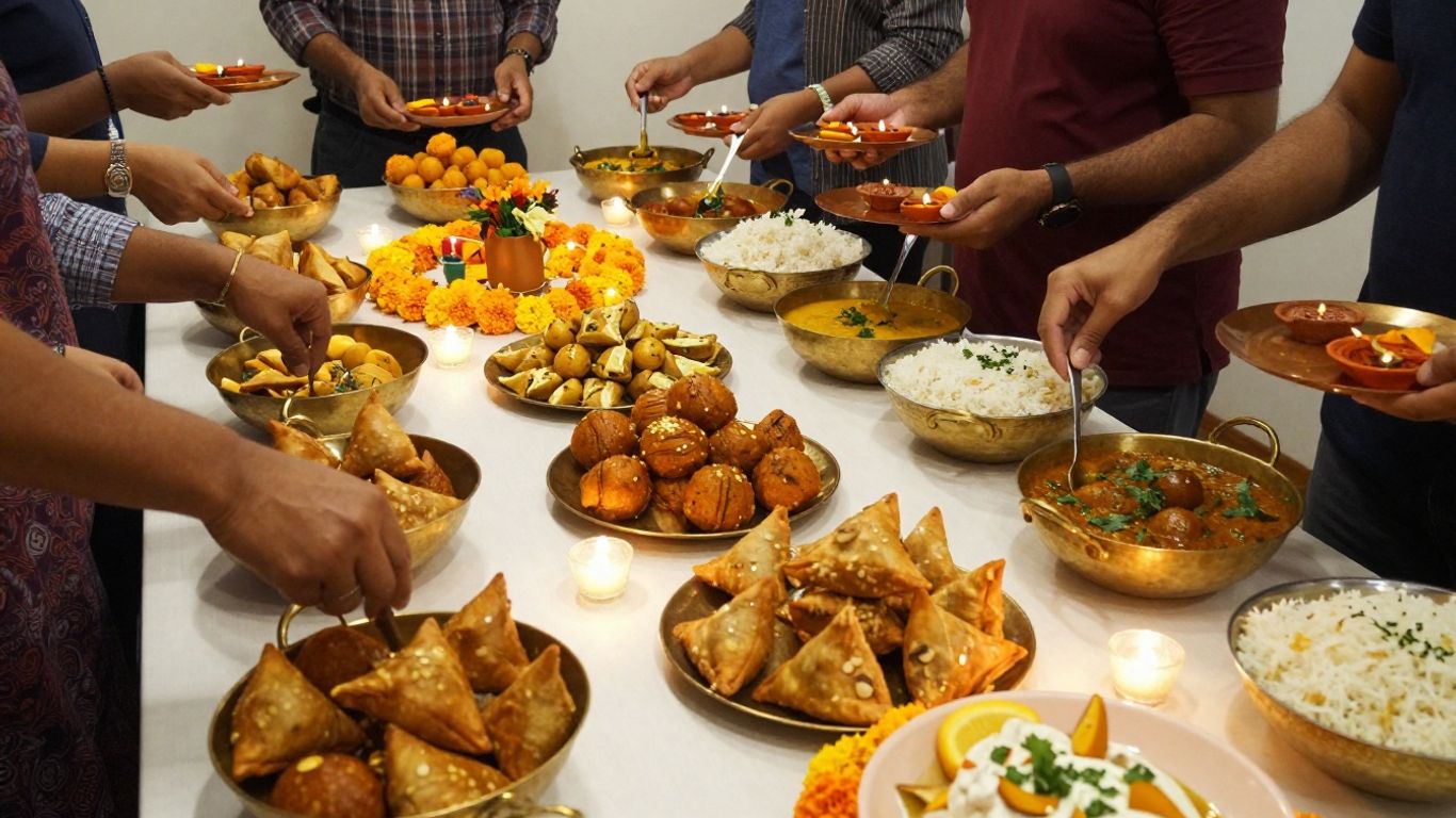 Diwali office buffet with colourful Indian dishes