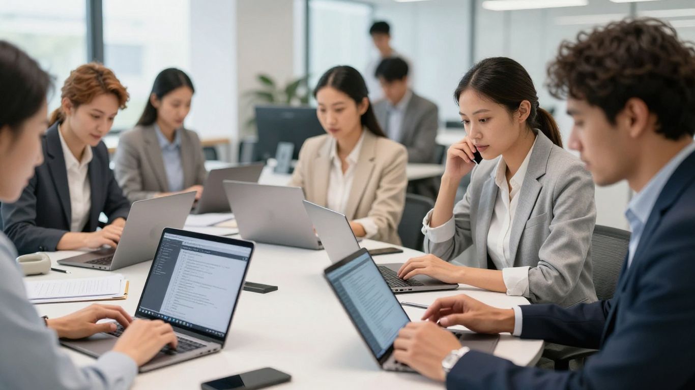 Business teams using technology in modern office space