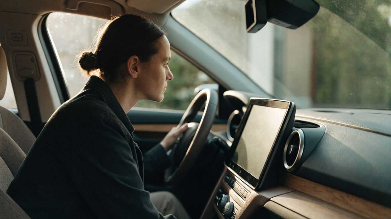 Driver parked beside a vehicle, checking an unresponsive dashboard touchscreen