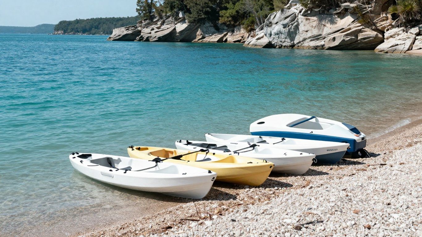 Boats gathered near a Lake Sainte-Croix beach