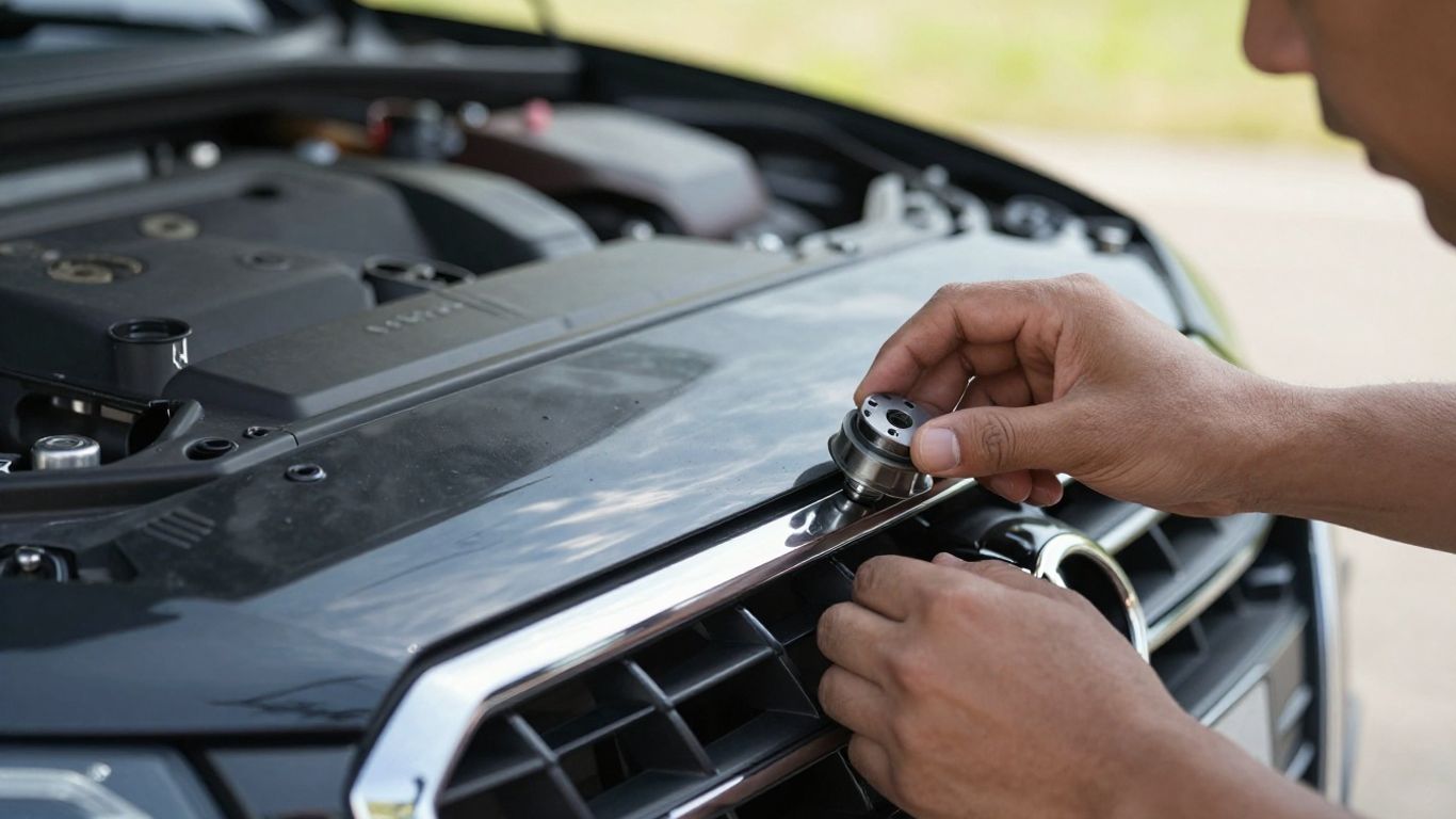 Audi car grille and mechanic's hands inspecting a part.