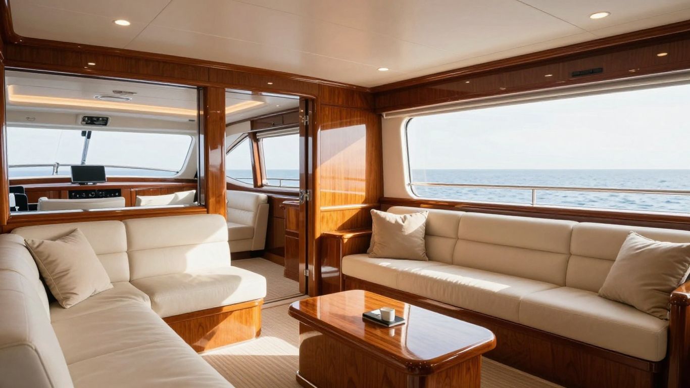 Luxurious yacht interior with plush seating and wood accents.