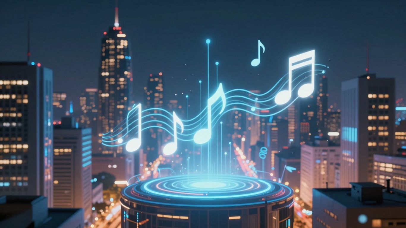 AI music generation cityscape with glowing notes and sound waves.
