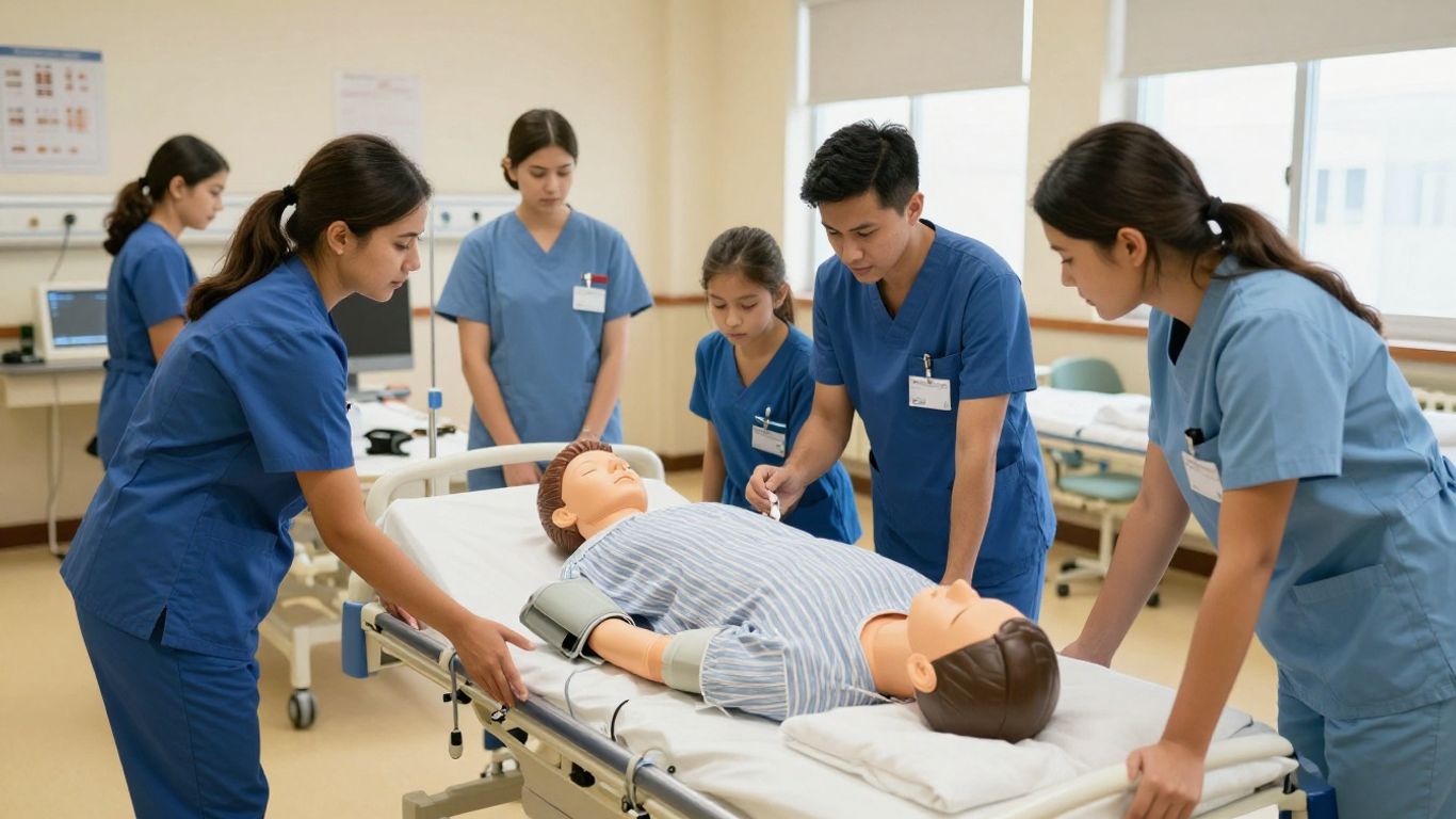 Students practicing clinical skills in a classroom