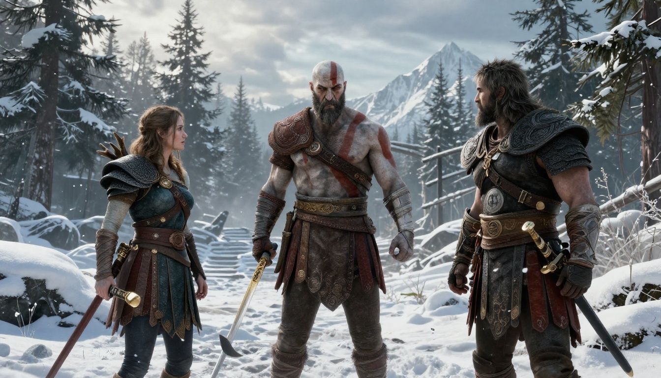 Kratos e Atreus em uma paisagem nórdica nevada durante a jornada do apocalipse