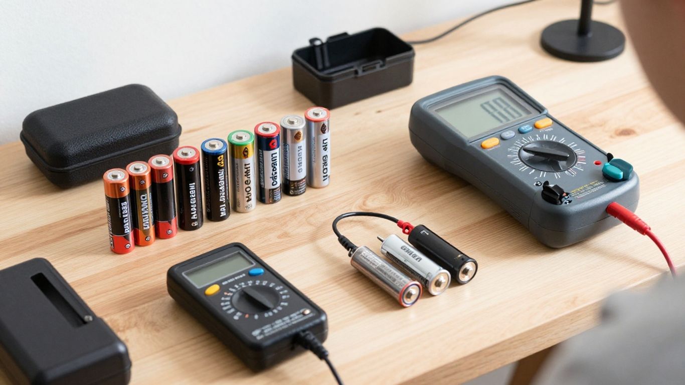 Rechargeable battery types arranged on workbench