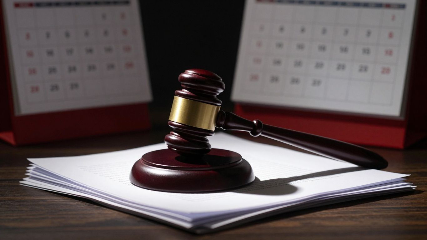 Gavel on legal documents with a calendar in the background.