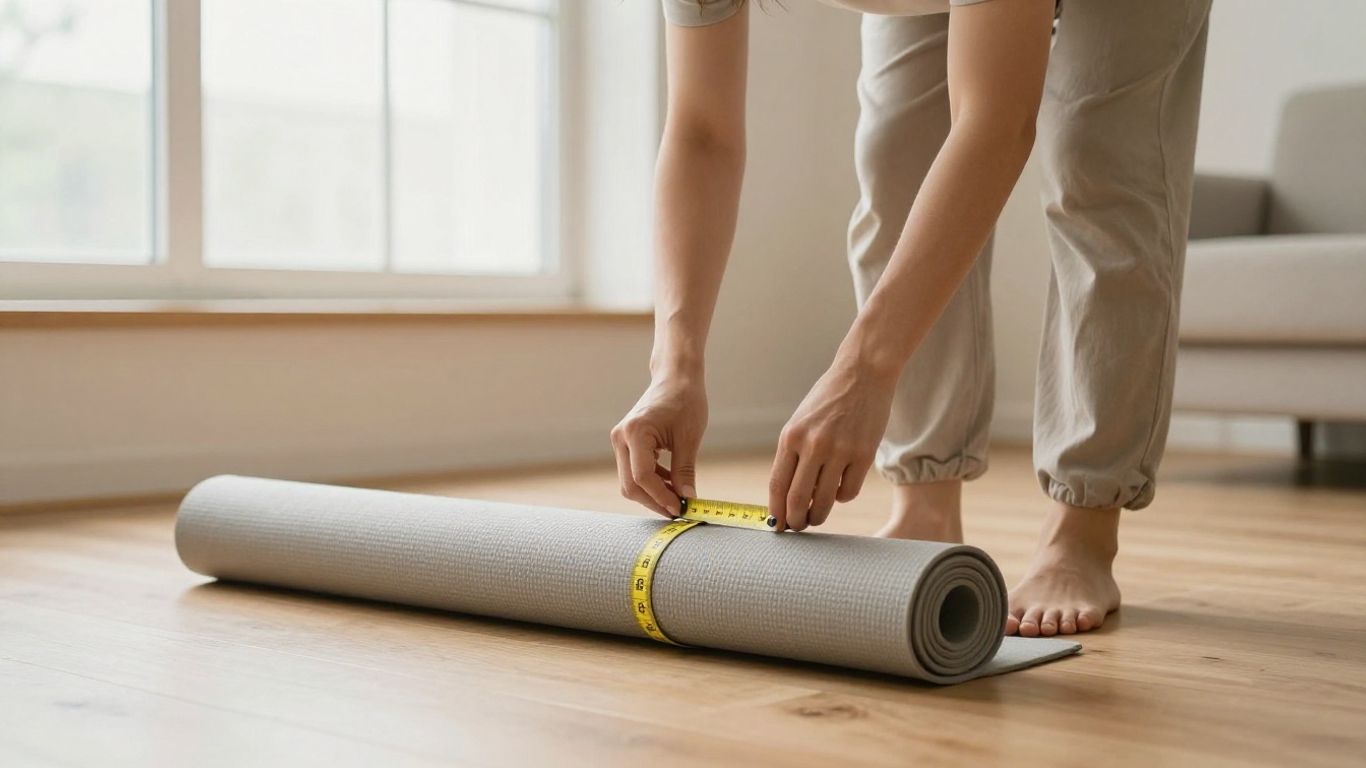 Person measuring a yoga mat beside floor space