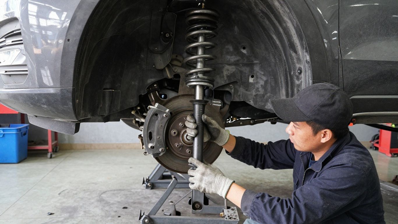 Technician removing a front suspension strut