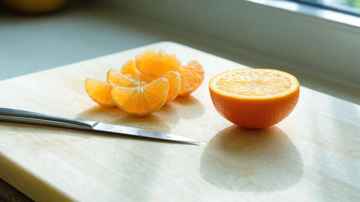 Peeled citrus with knife beside the segments