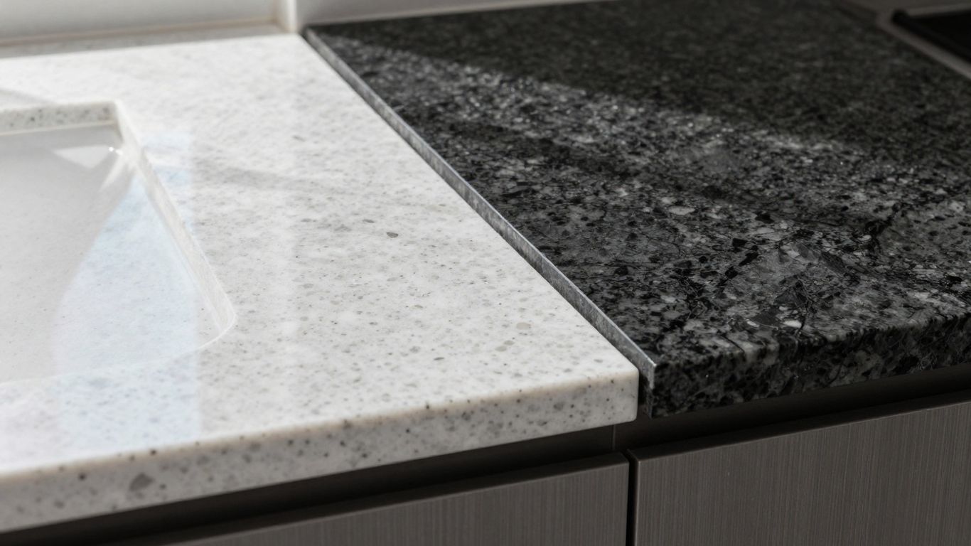 Quartz and granite kitchen countertops side-by-side.