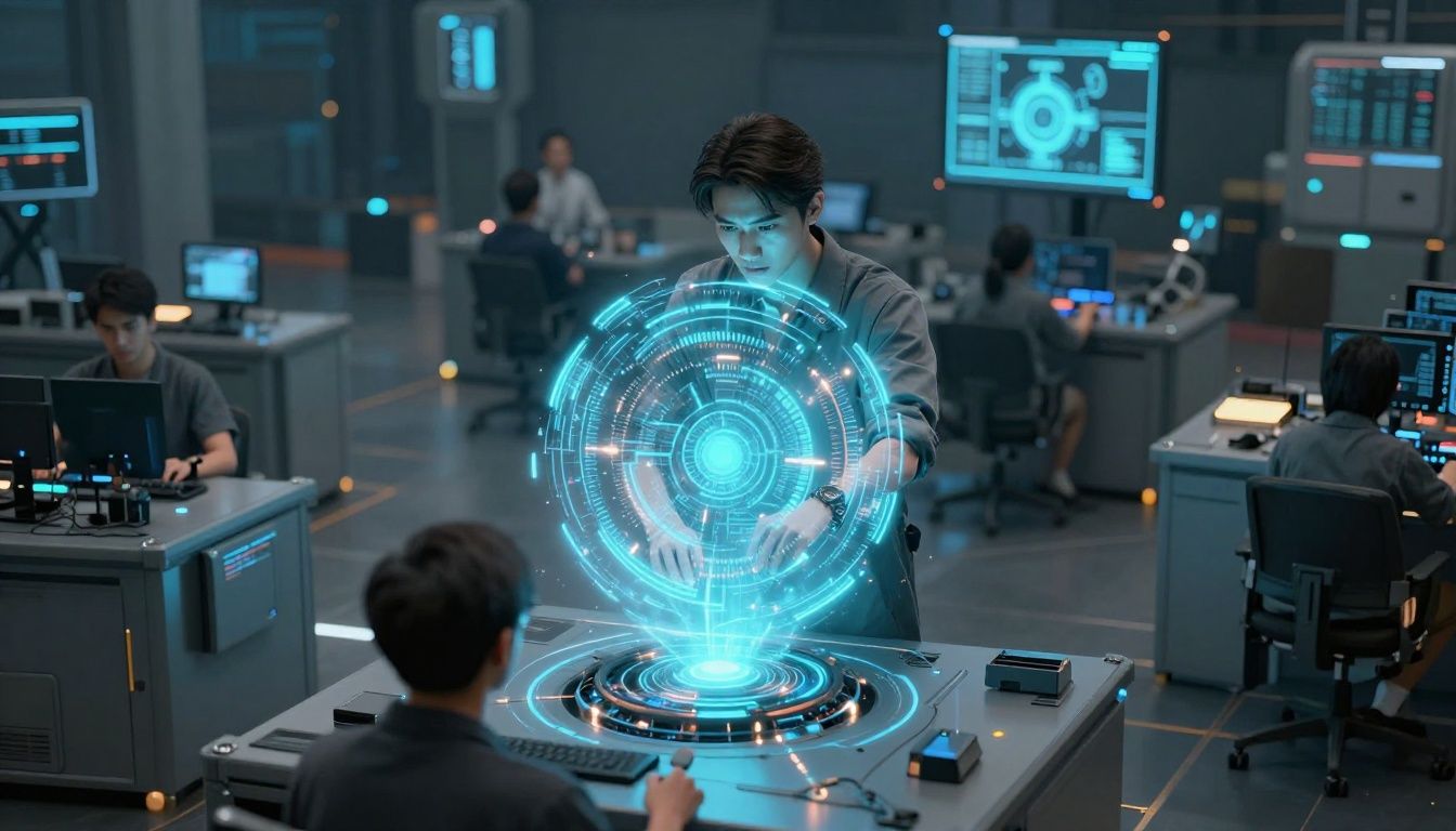 Um executor cibernético em um campo de batalha futurista ativando habilidades holográficas