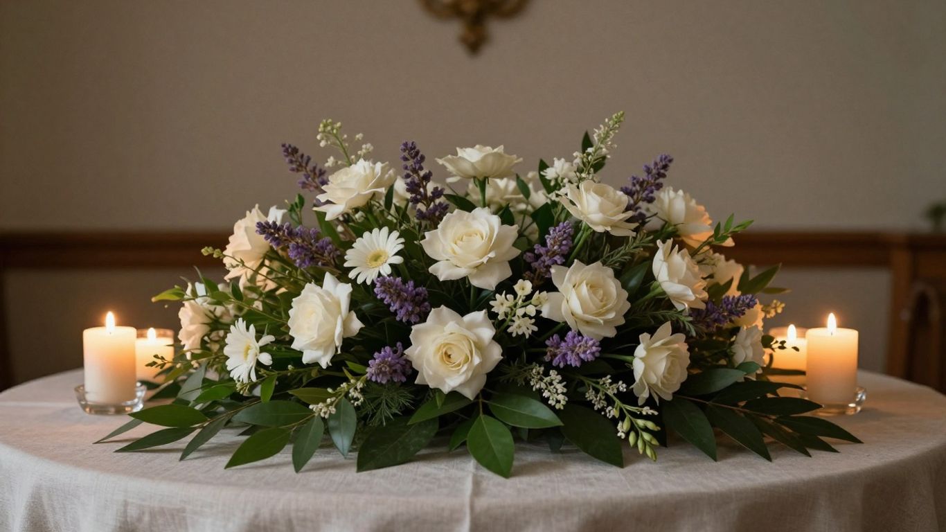 Elegant sympathy arrangement beside a remembrance table