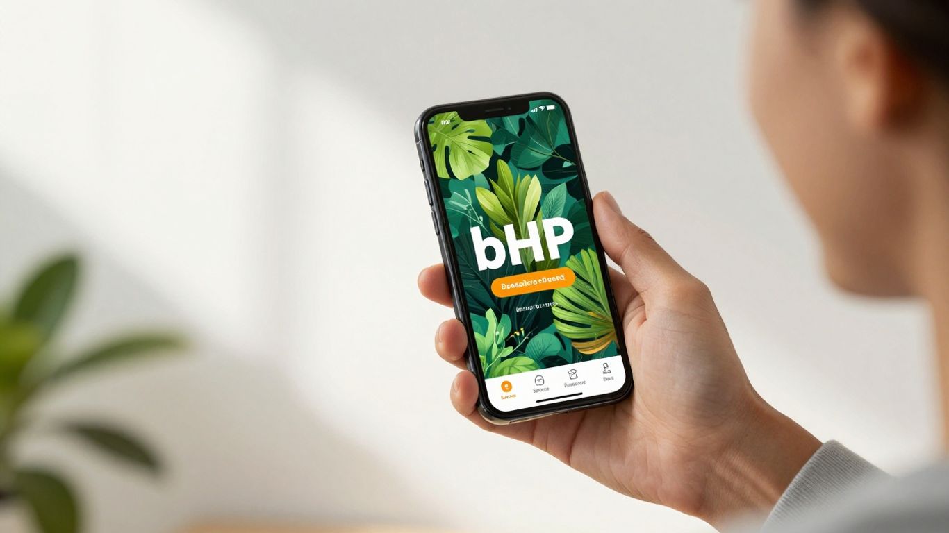 Persona sonriendo con un teléfono mostrando productos bHIP.