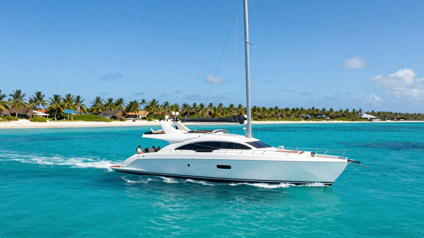 Luxury catamaran sailing on turquoise water near islands.
