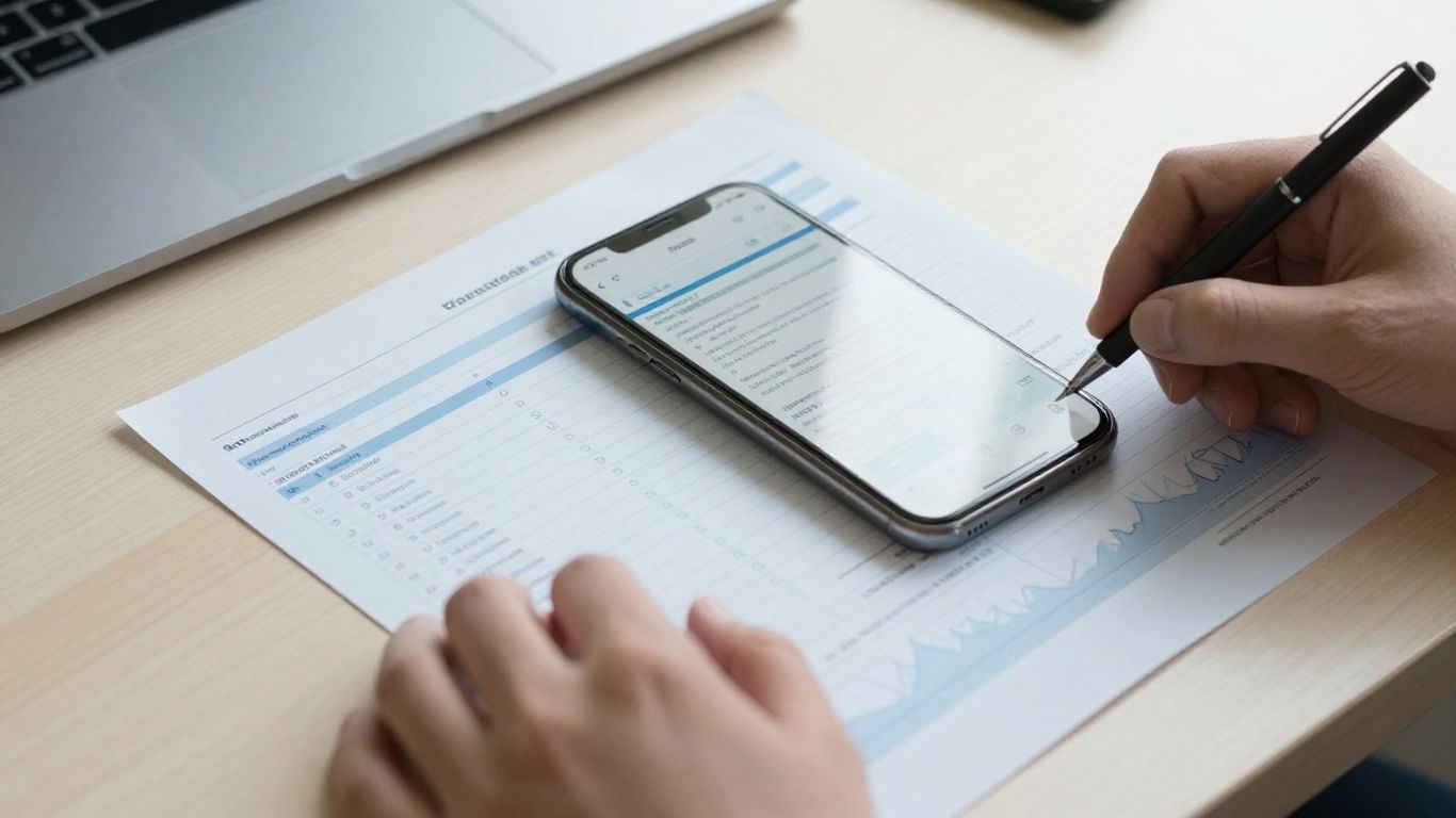 Phone beside a printed bank statement on desk