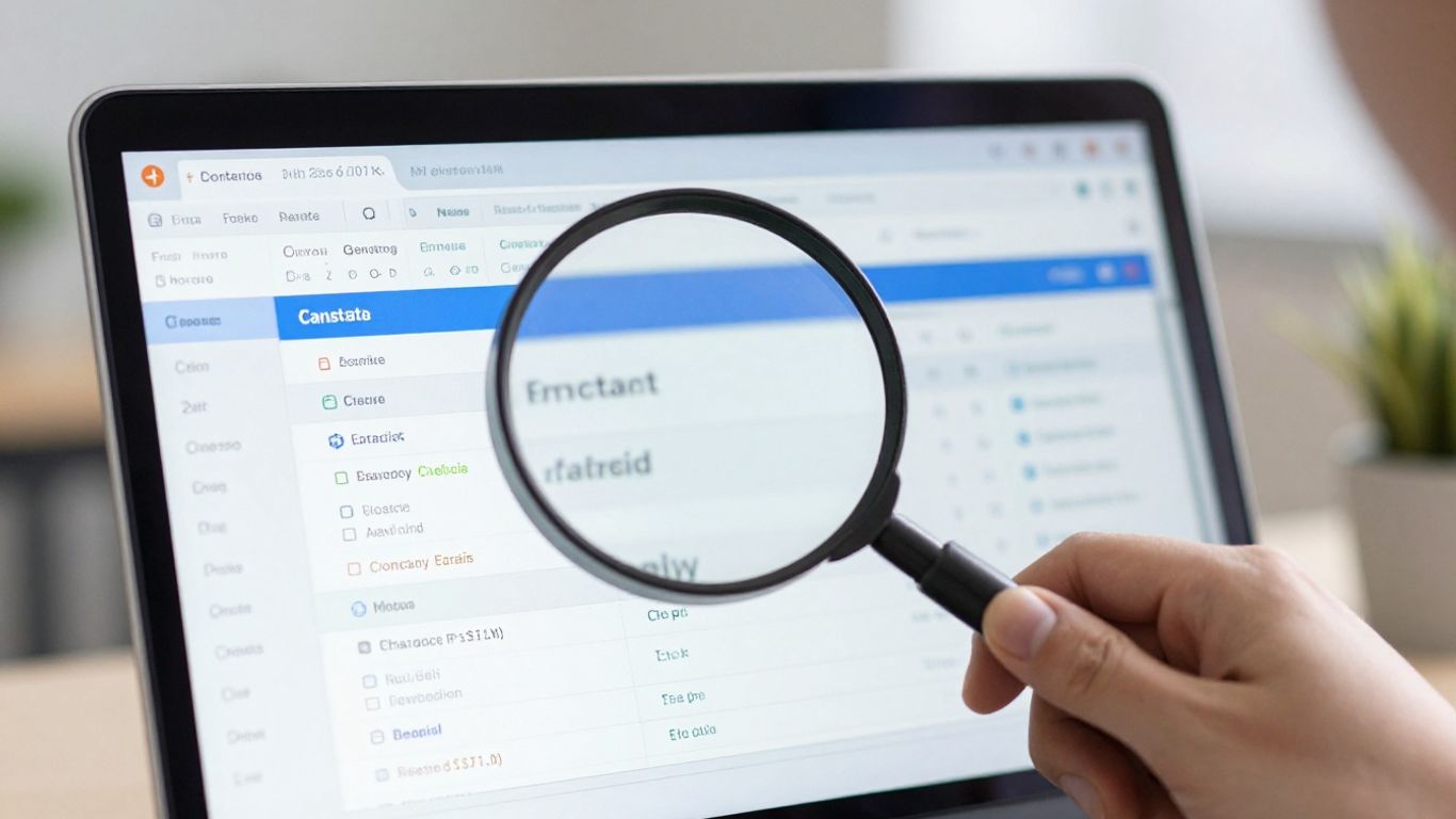 ZoomInfo database interface with magnifying glass on contact.