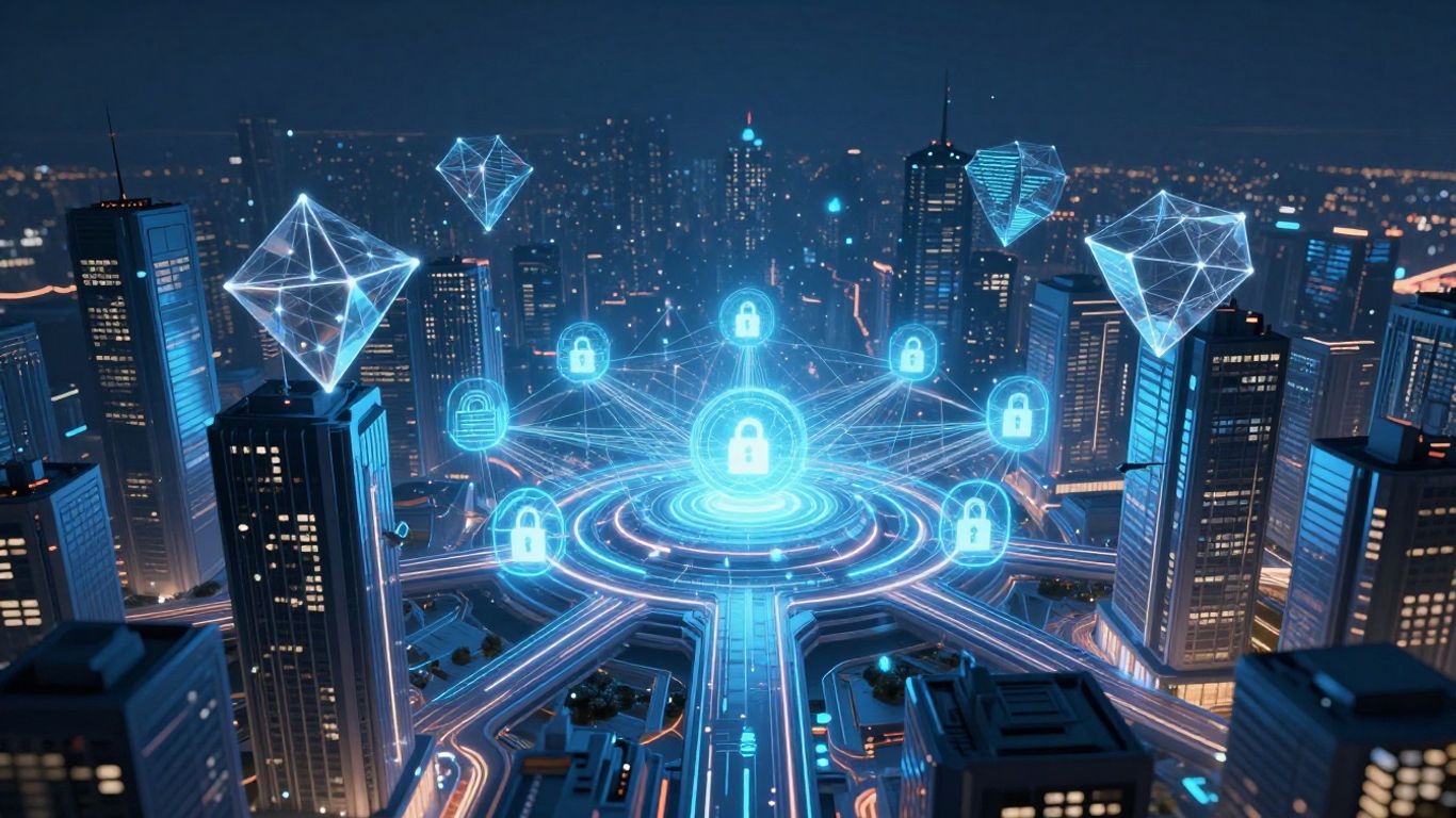 Futuristic blockchain network connecting digital cityscapes.
