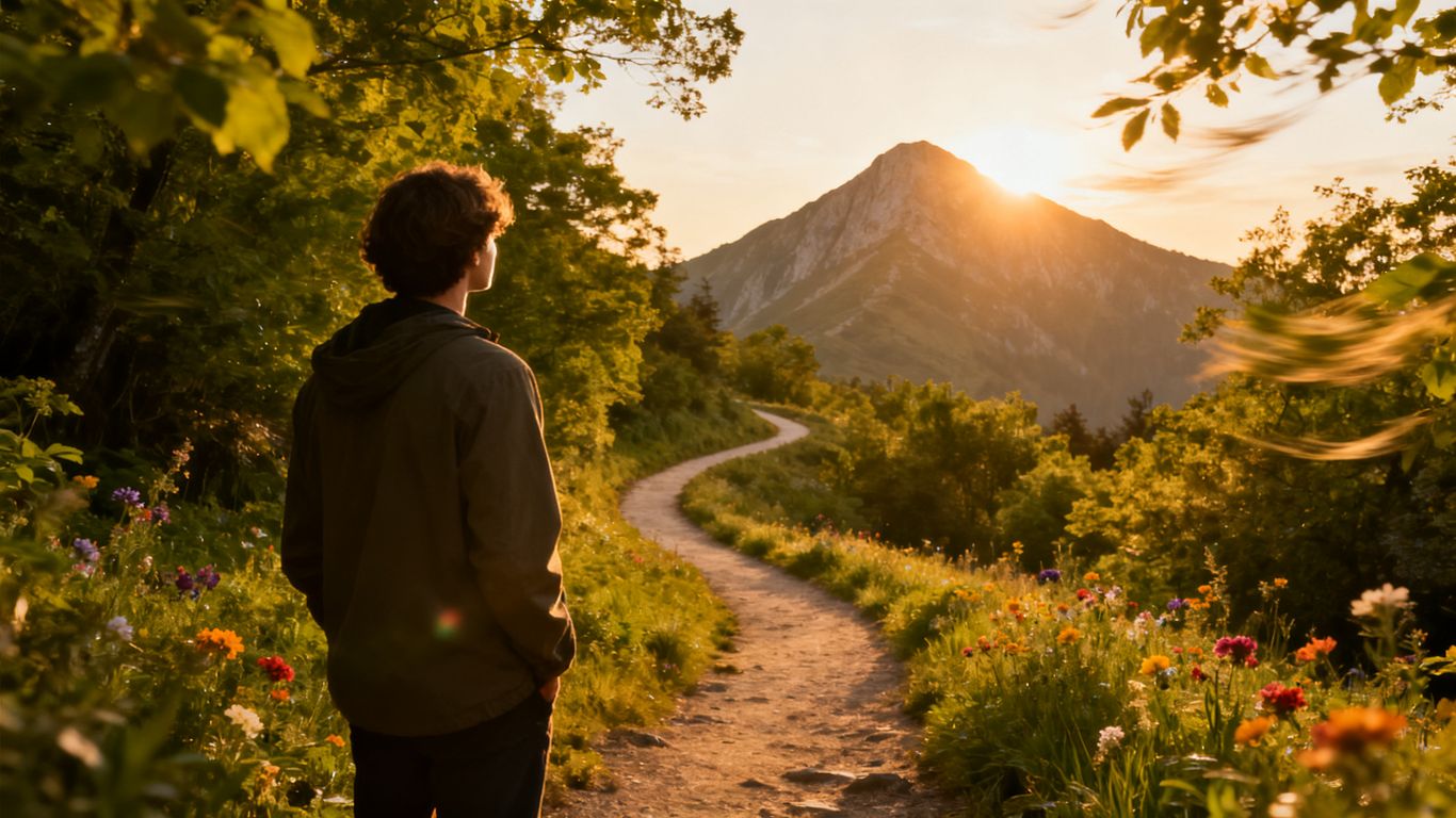 Person on a path towards a mountain peak.