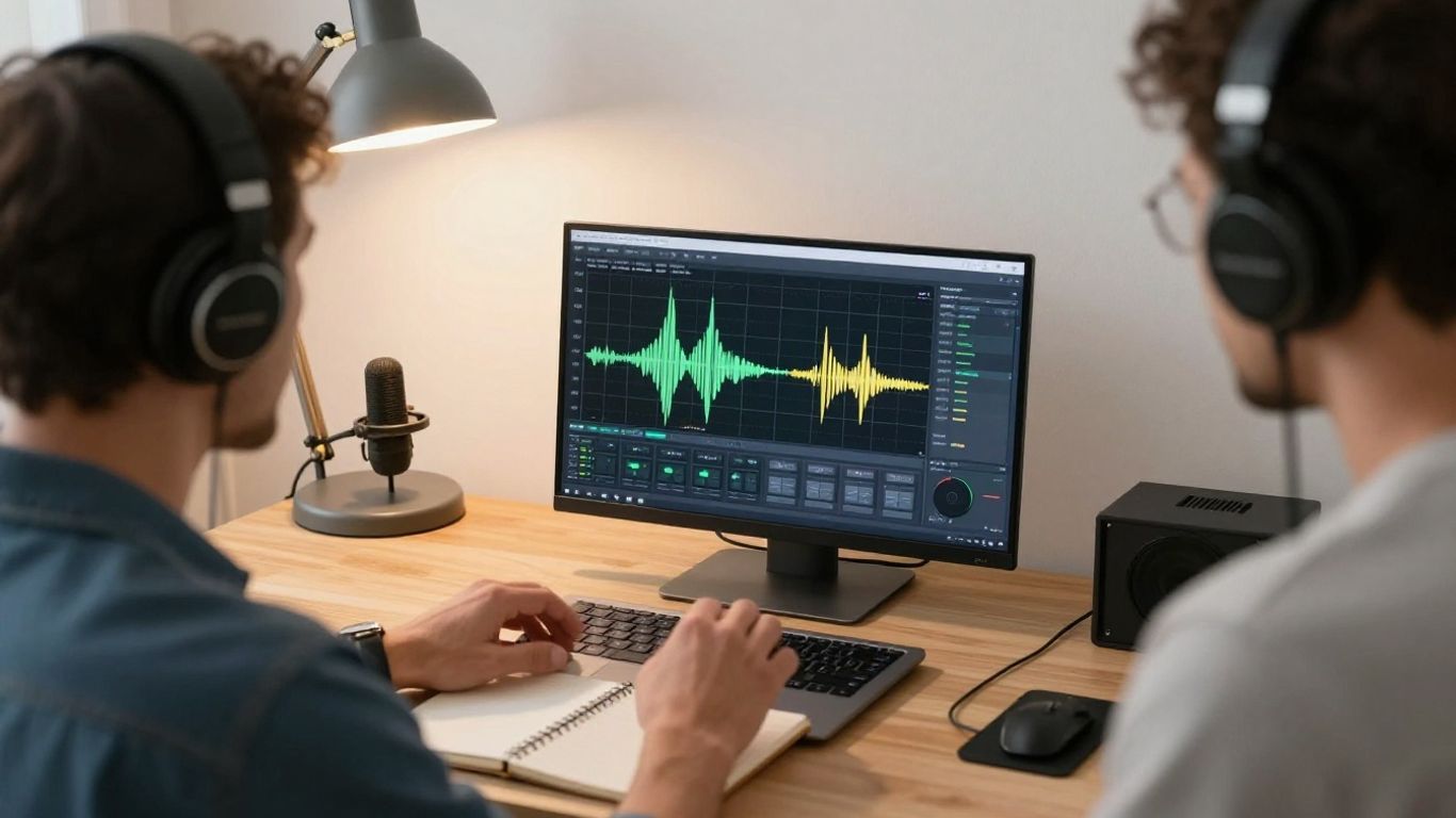 A creator comparing audio tools on laptop