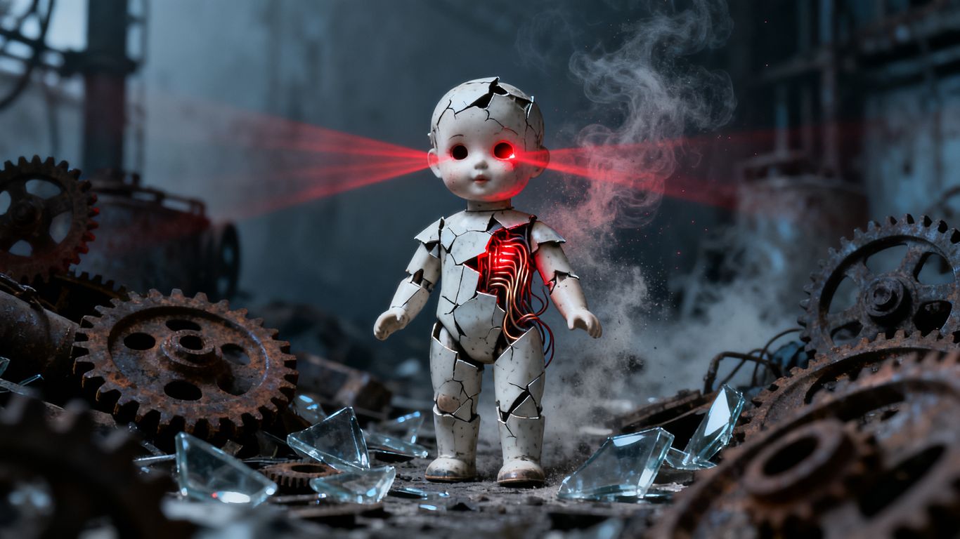 Broken toy figure with glowing red eyes in dark environment.