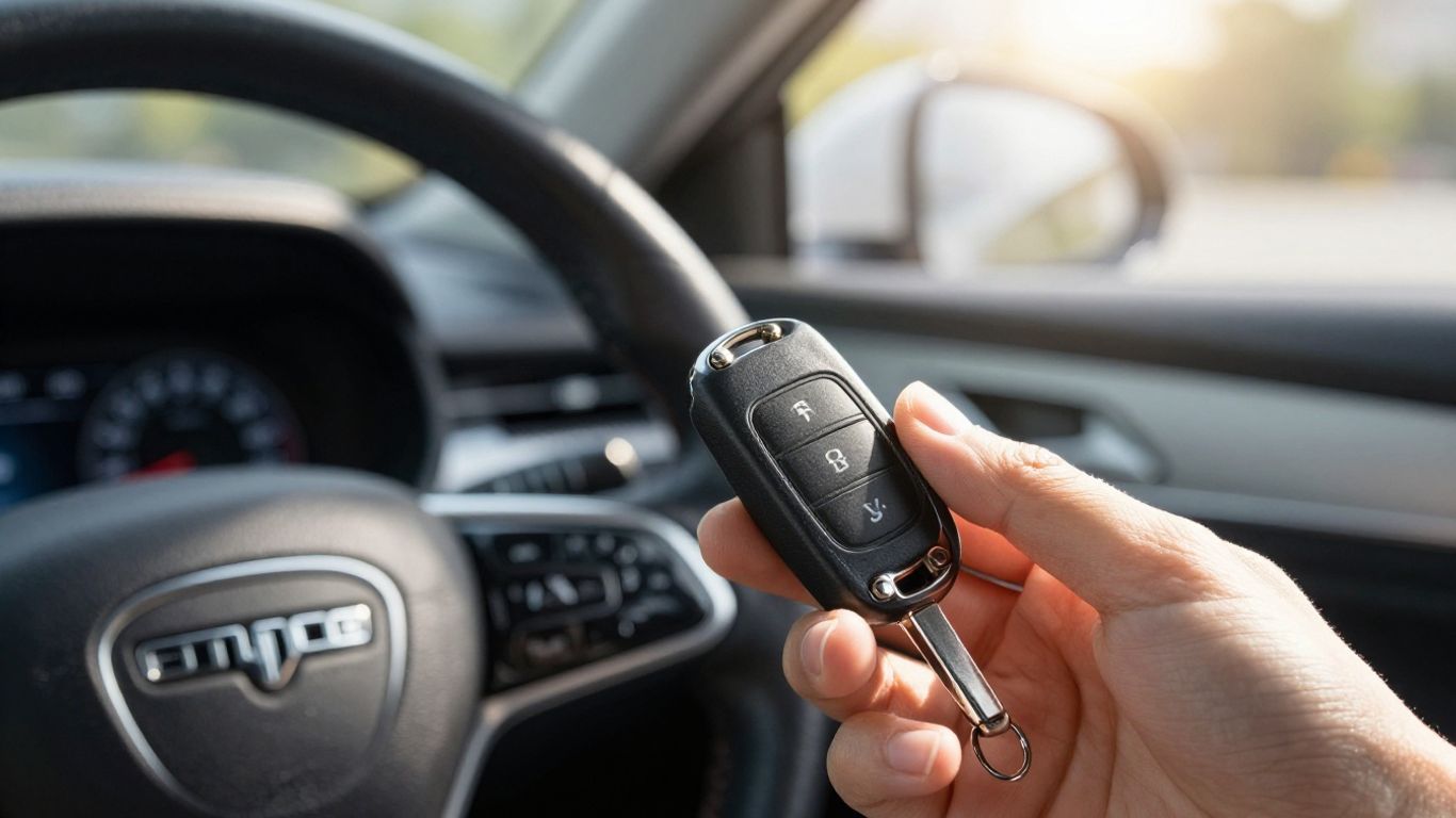 Hand holding car key with blurred car interior background.