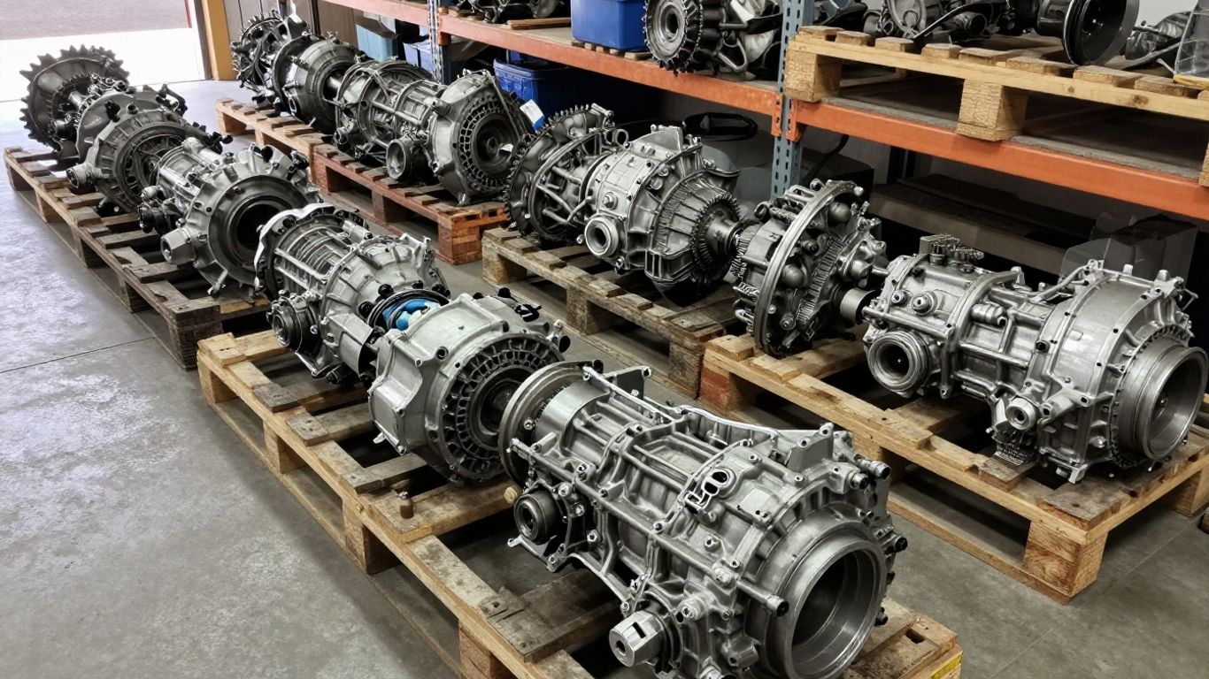 Warehouse shelves with used vehicle gearboxes