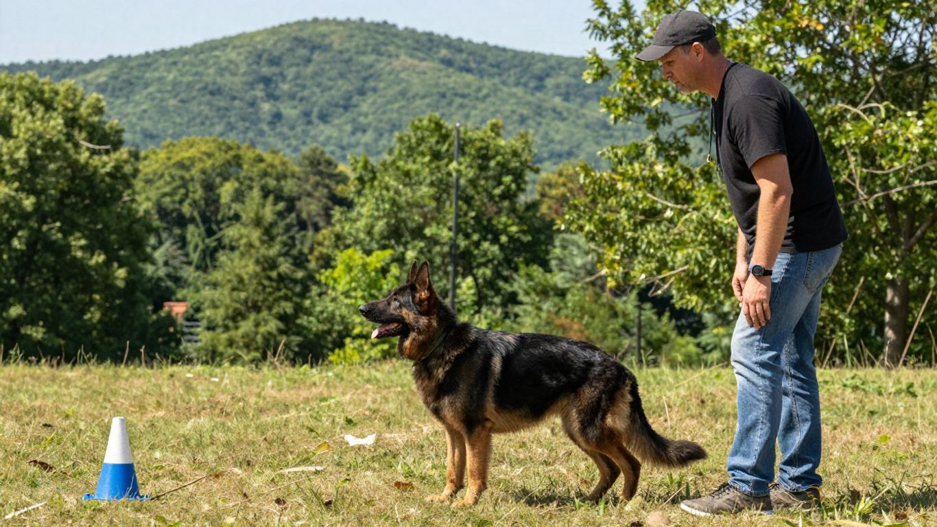 Dog training session in a natural outdoor setting.