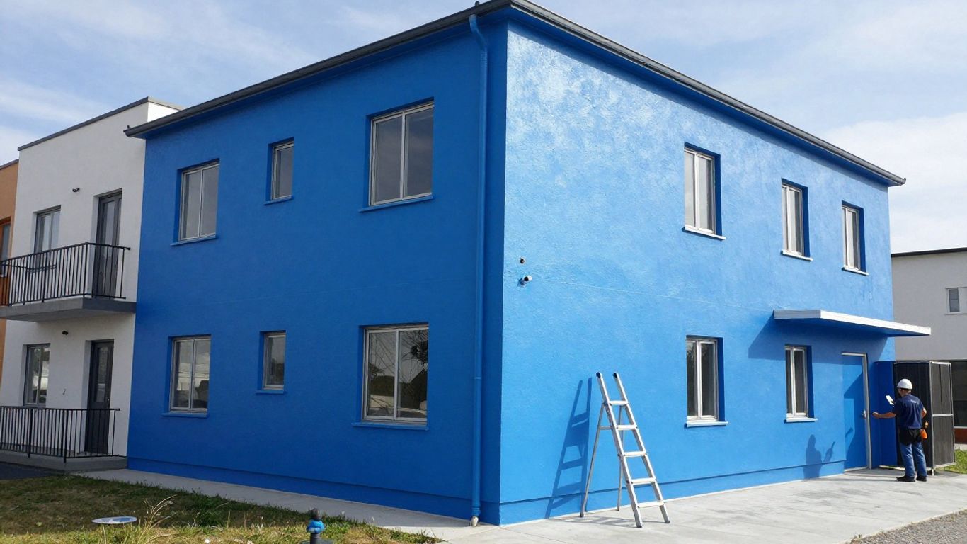 Painter applying blue paint to apartment building exterior.