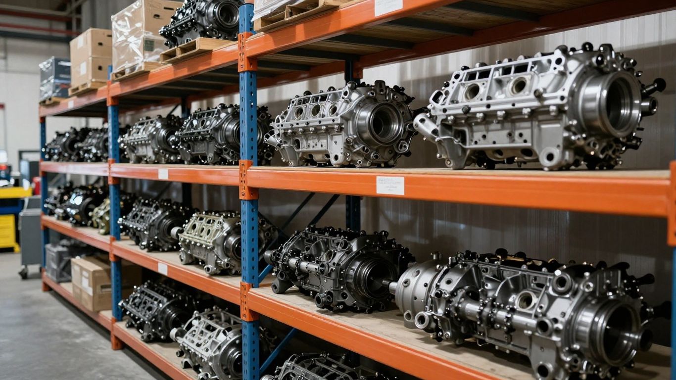 Rows of cataloged engine blocks in a shed