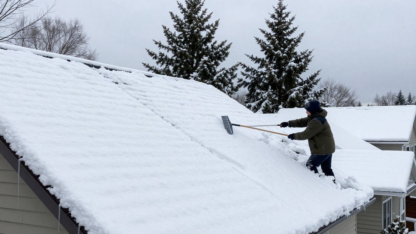 Removing snow from a house roof in wintertime