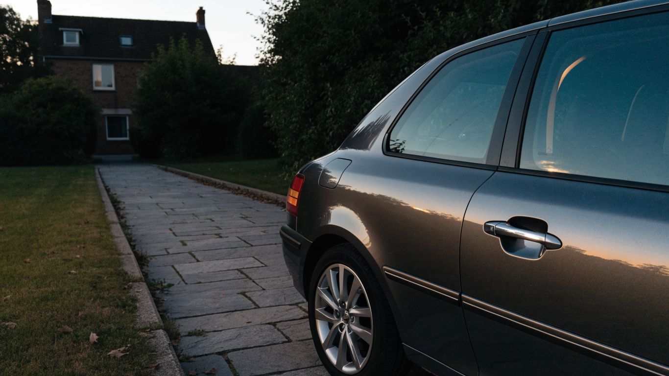 Photorealistic view of a parked Renault at dusk with a faint cabin light visible through the window, quiet residential driveway, realistic automotive photography